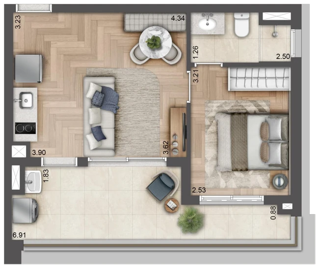 1 Dormitório 43m² — TOM Paraíso